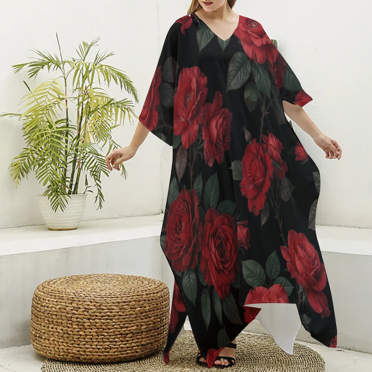 All-Over Print Women's Imitation Silk V-neck Kaftan Robe (P9FCV)