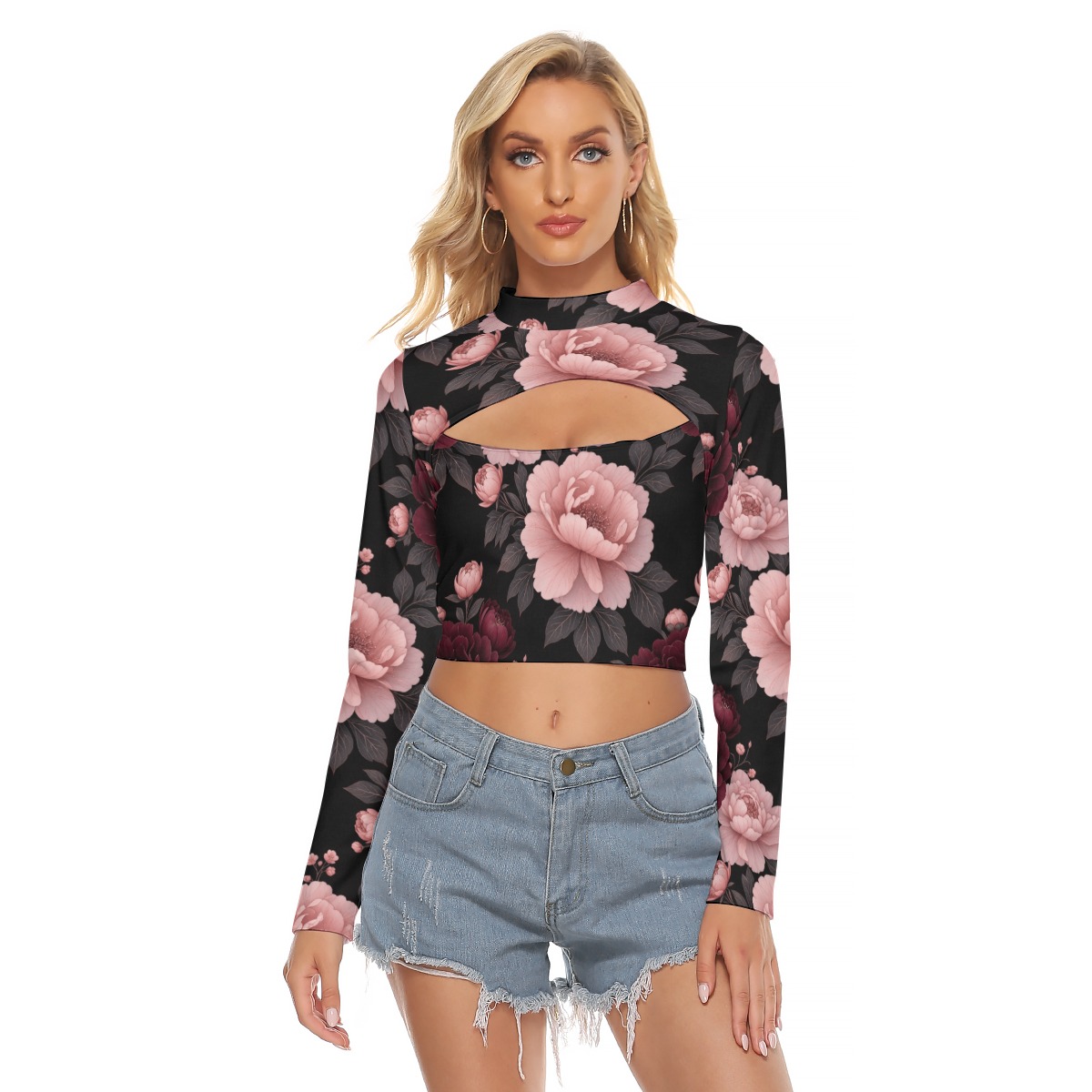 All-Over Print Women's Hollow Chest Keyhole Tight Crop Top (P9TFQ)