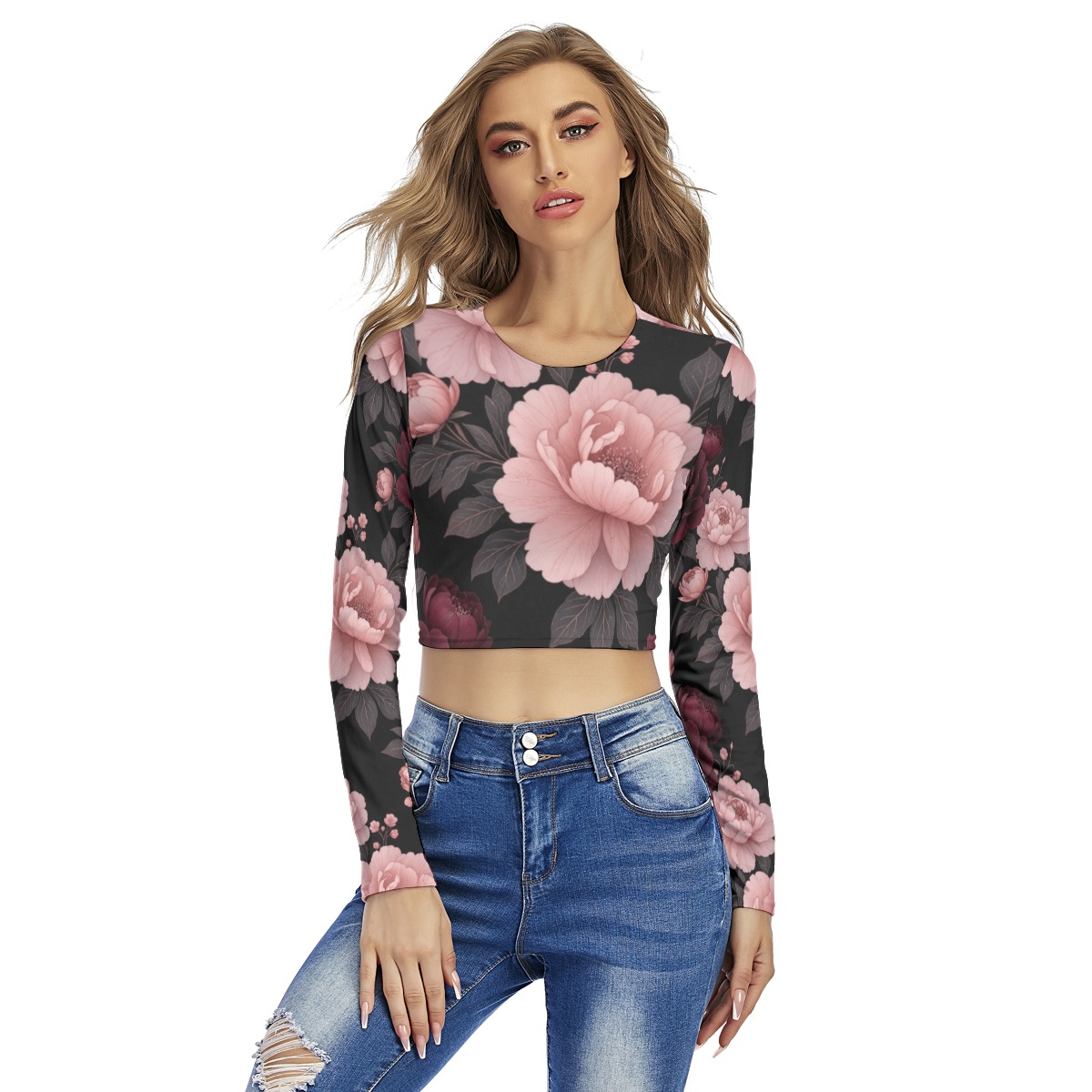All-Over Print Women's Round Neck Crop Top T-Shirt (P9TFP)