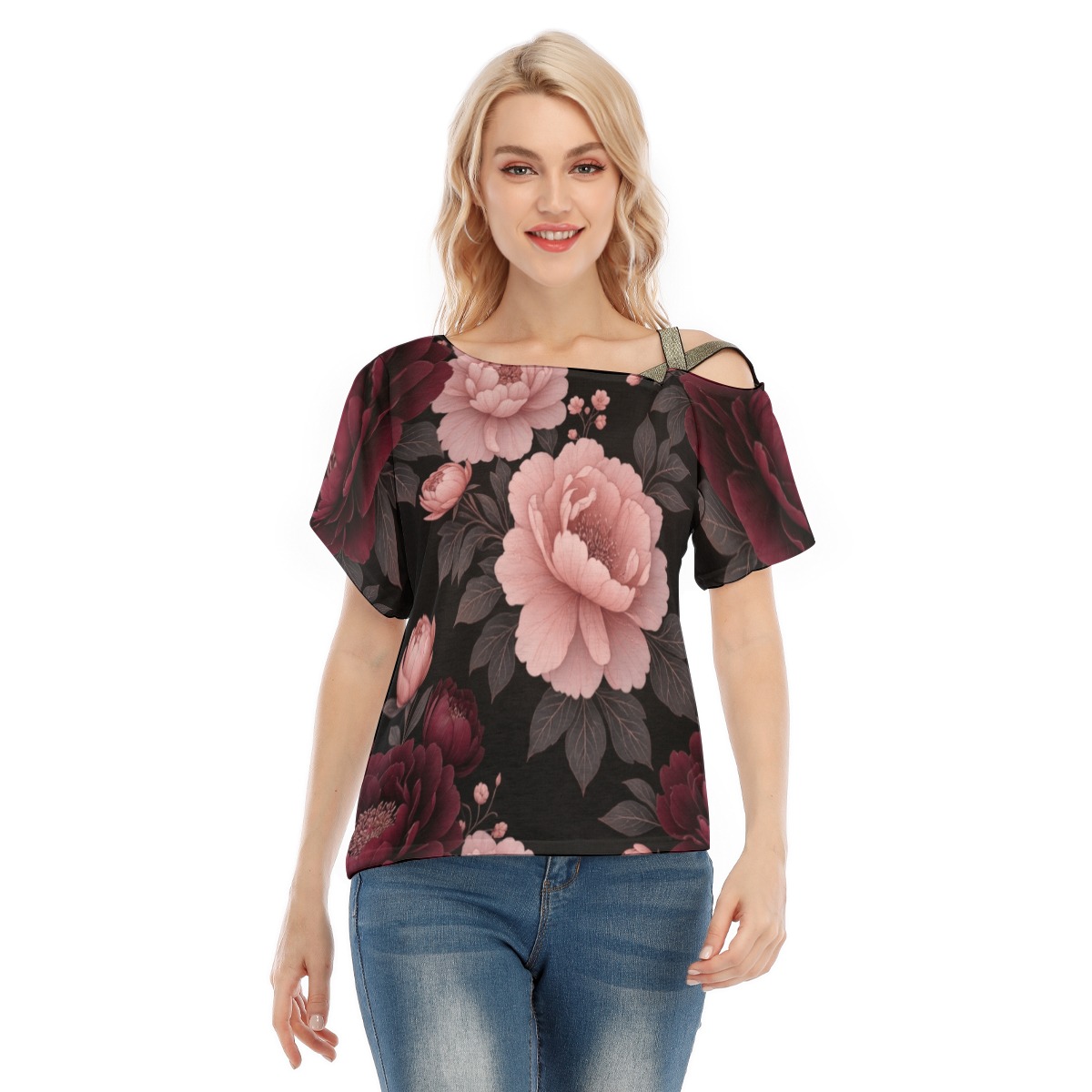 All-Over Print Women's T-shirt With Elastic Band (P9TFC)