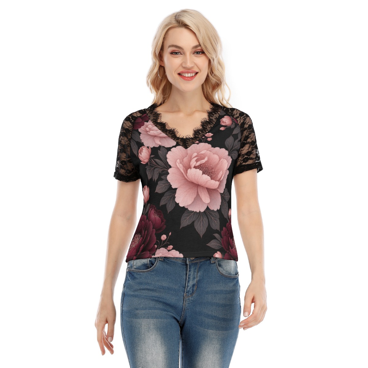 All-Over Print Women's V-neck T-shirt With Lace (P9TFD)