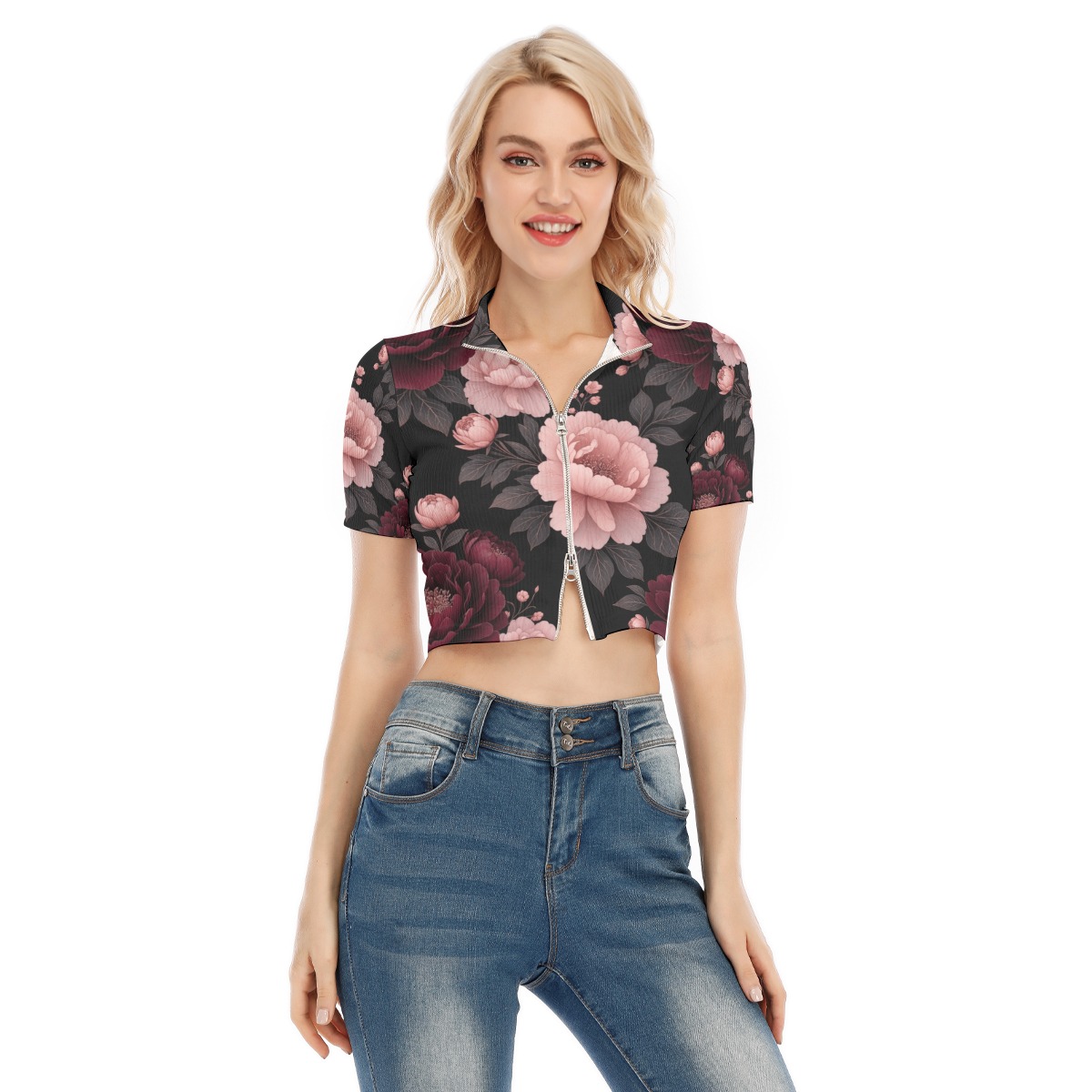 All-Over Print Women's Short Sleeve T-shirt With Two-way Zipper (P9TFL)