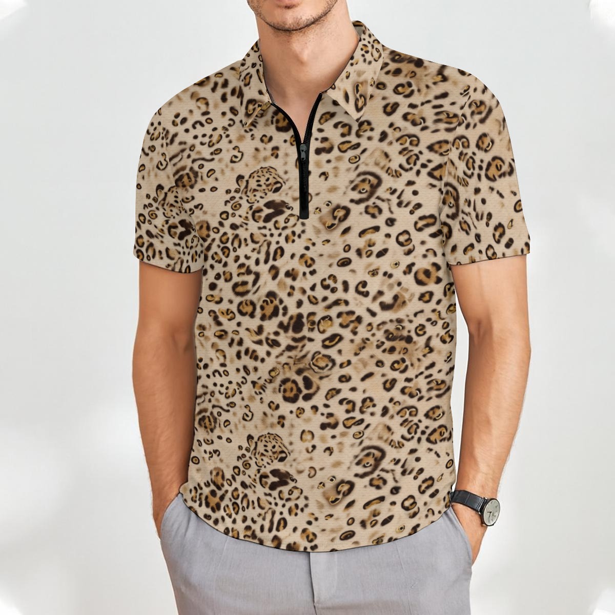 All-Over Print Men’s Short Sleeve Polo Shirt with Zipper (PAH2J)