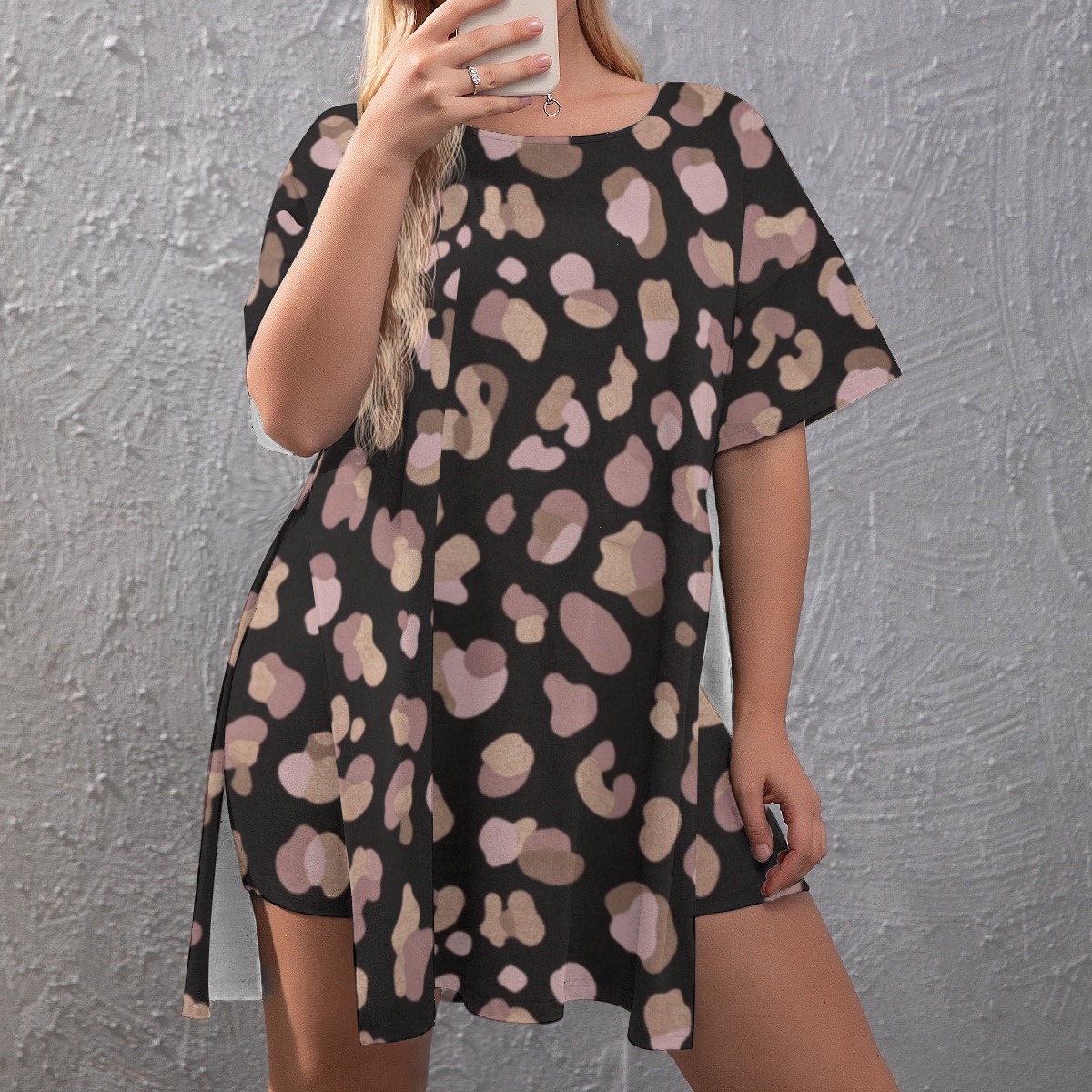 All-Over Print Women's Drop-Shoulder T-Shirt with Side Split and Shorts (Plus Size) (PB2T6)