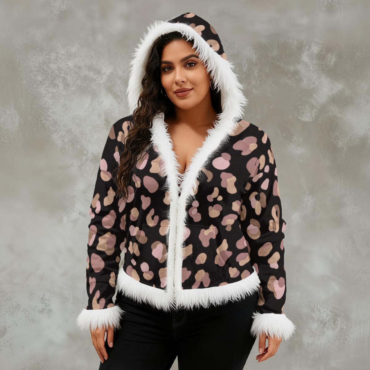 All-Over Print Women's Faux Fur Trim Hooded Jacket | Velvet (PB2P6)