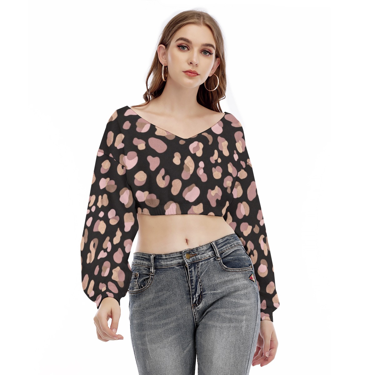 All-Over Print Women's V-neck Long Sleeve Cropped Sweatshirt (PB2LG)