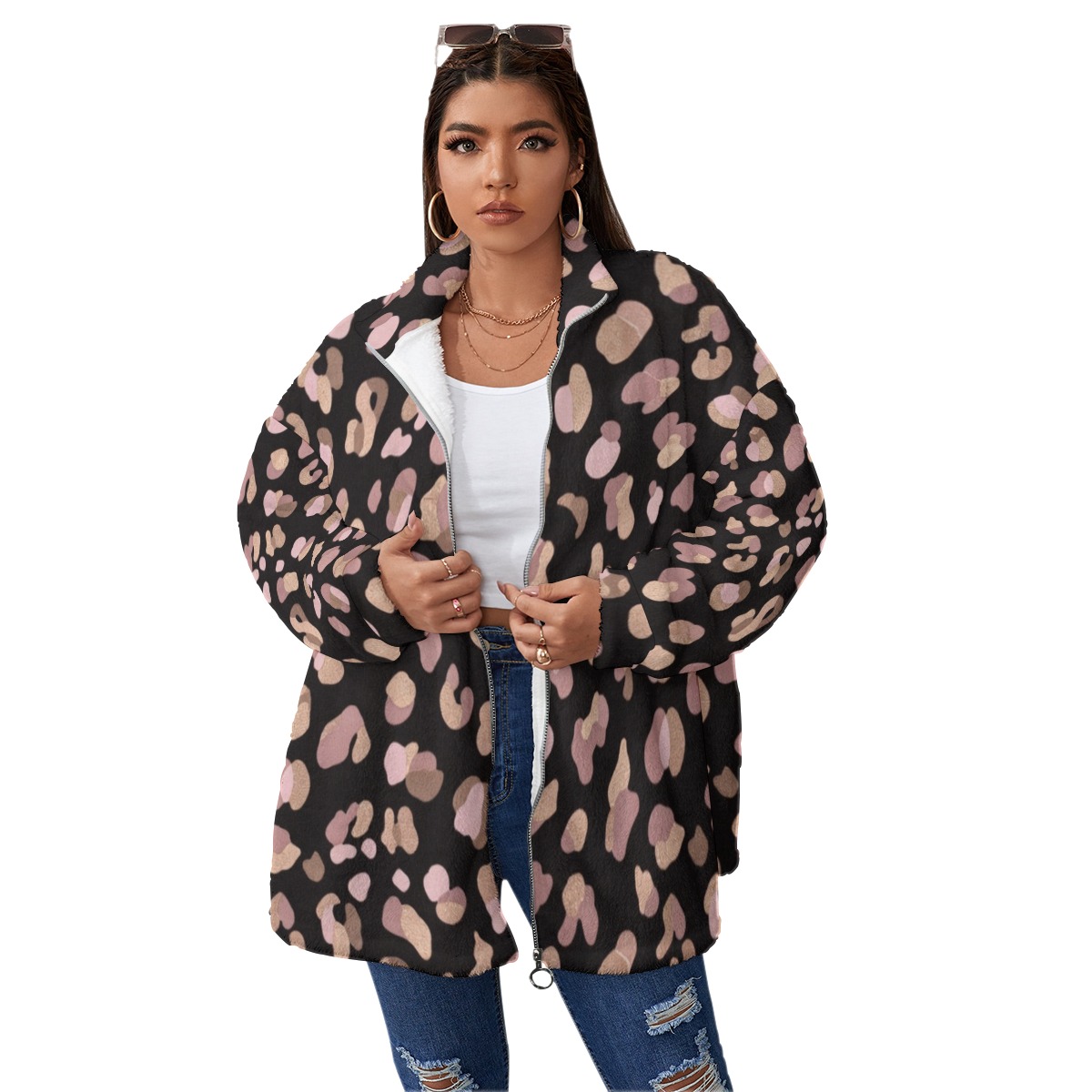 All-Over Print Unisex Borg Fleece Stand-up Collar Coat With Zipper Closure(Plus Size) (PB2NZ)