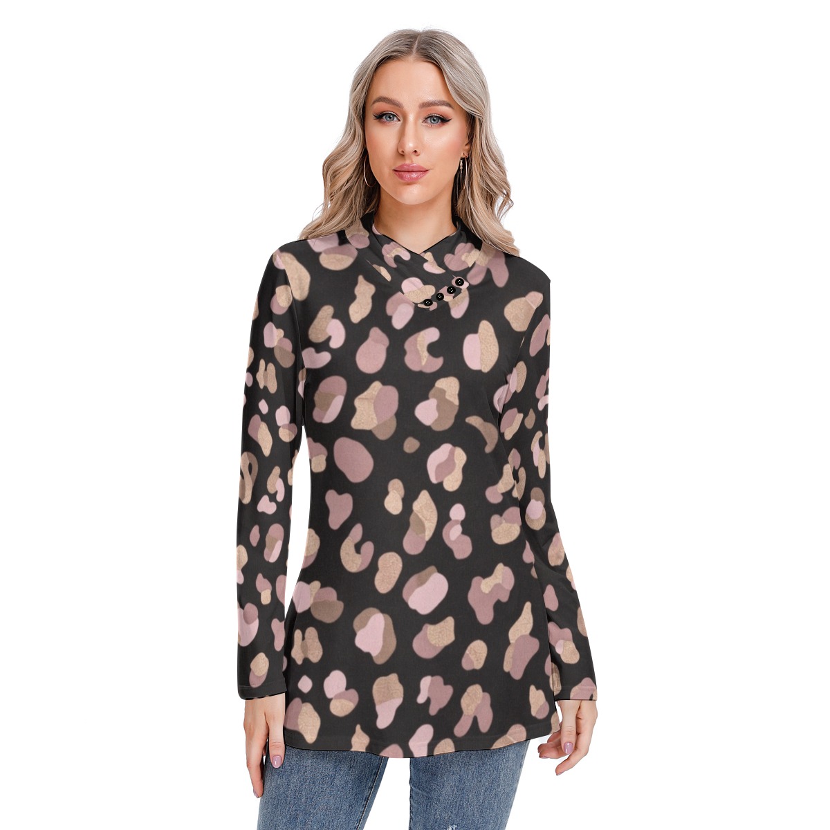 All-Over Print Women's Long-sleeved Heap-neck Slim Casual Tunic Blouse (PB2N6)