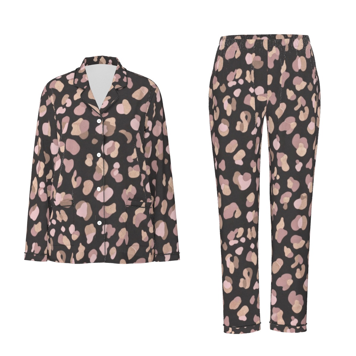 All-Over Print Women's Long Sleeve Pajama Set With Black Contrast Piping (PB2SE)