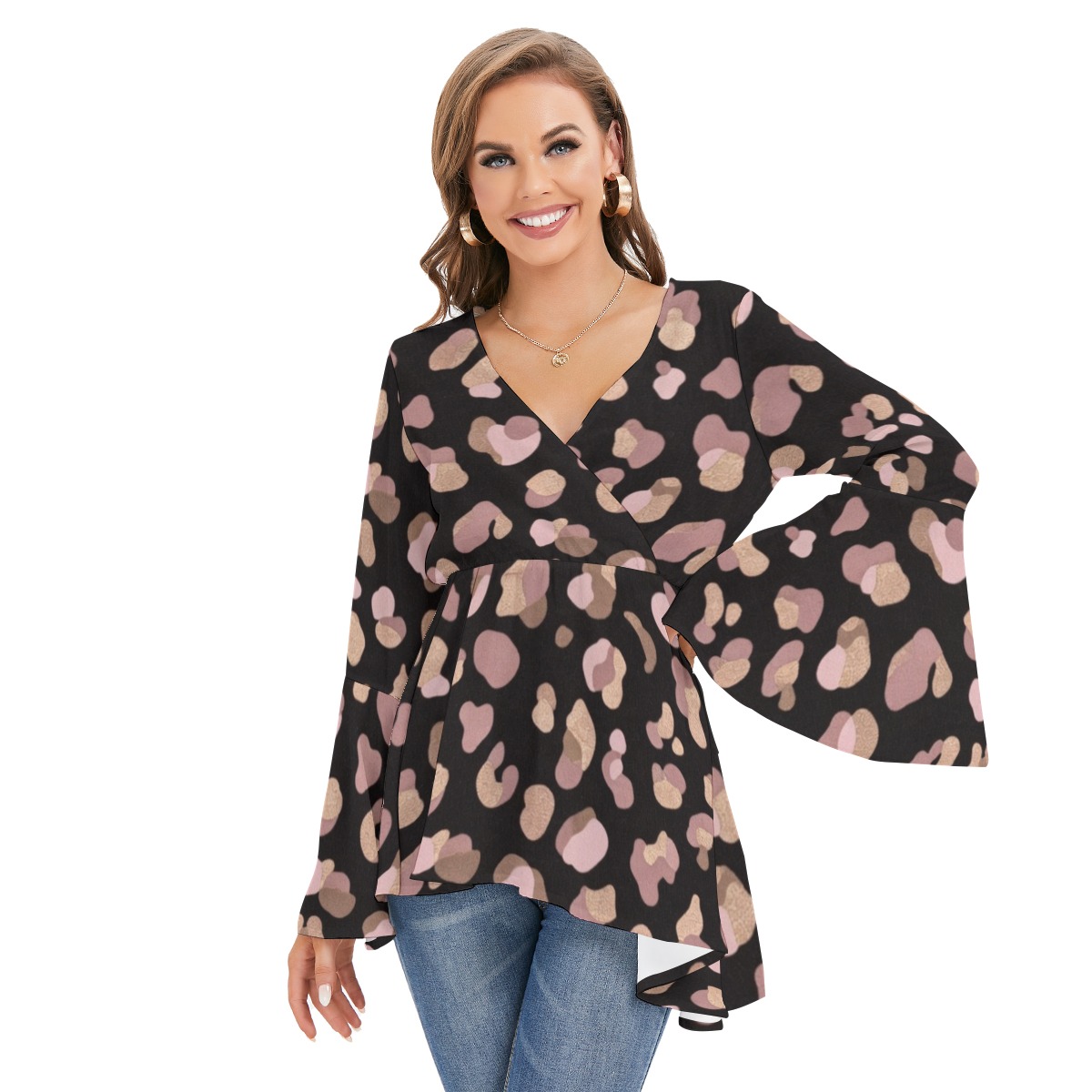 All-Over Print Women's V-neck Blouse With Flared Sleeves (PB2N7)
