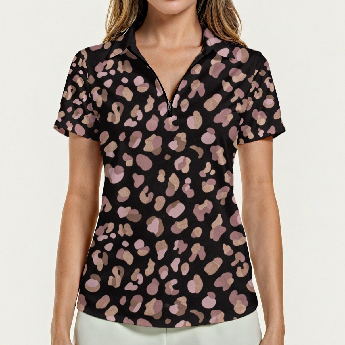 All-Over Print Women's Zip Polo Shirt With Short Sleeve (PB2MG)