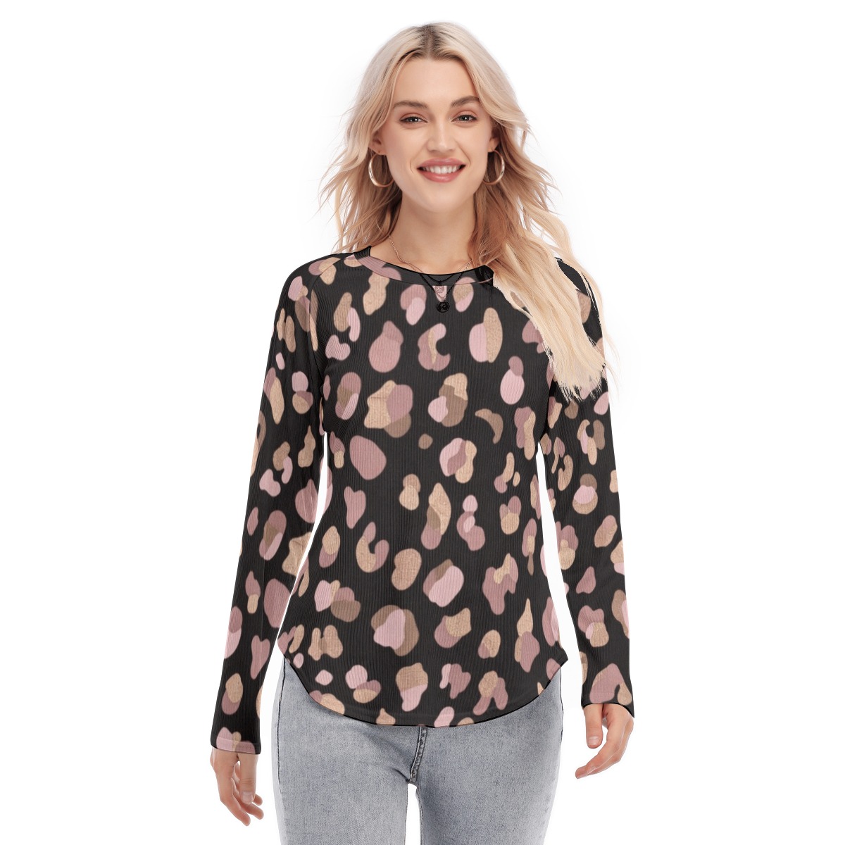 All-Over Print Women's Raglan Sleeves U-Shaped Hem Long Sleeves Blouse (PB2N2)