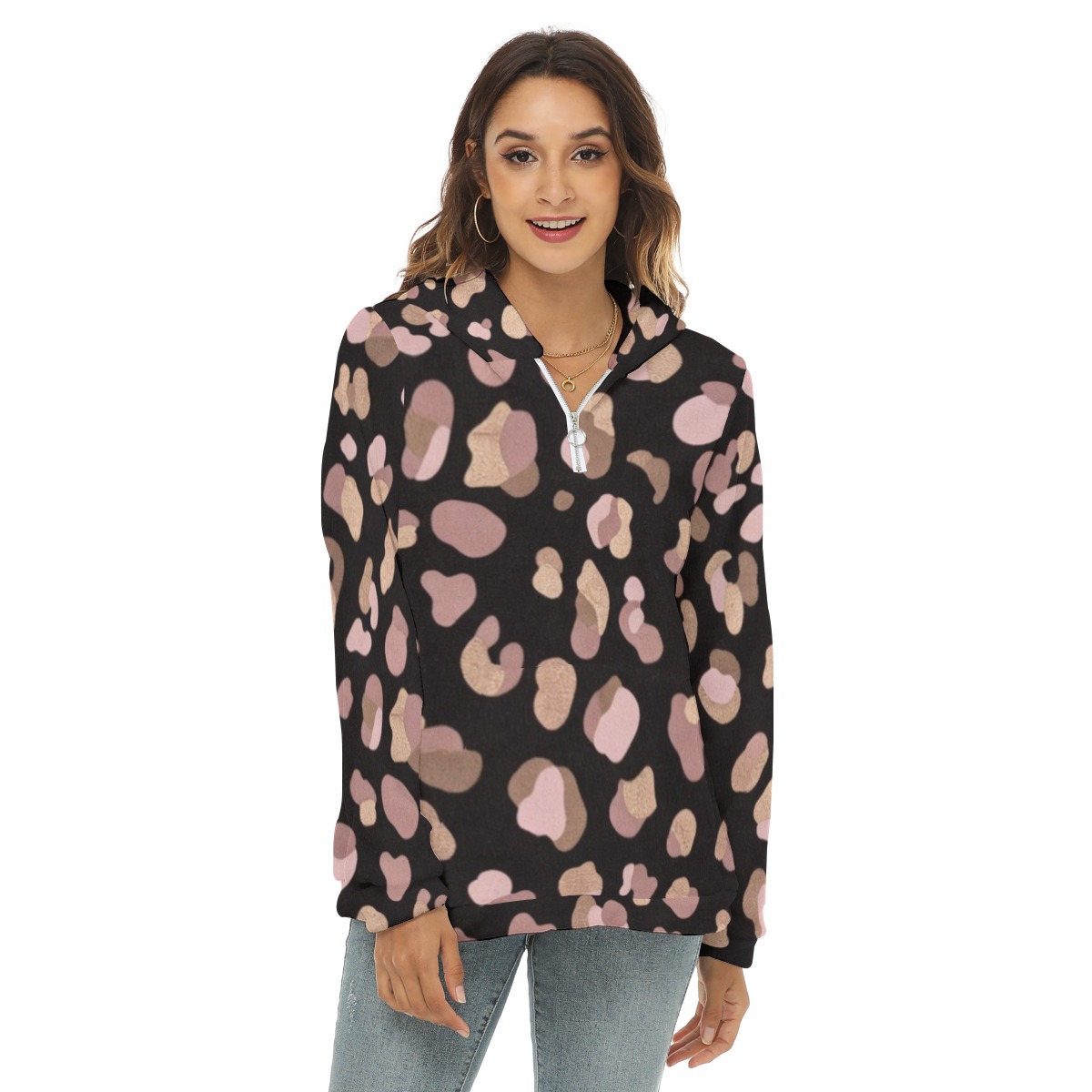All-Over Print Women's Borg Fleece Hoodie With Half Zip (PB2L2)