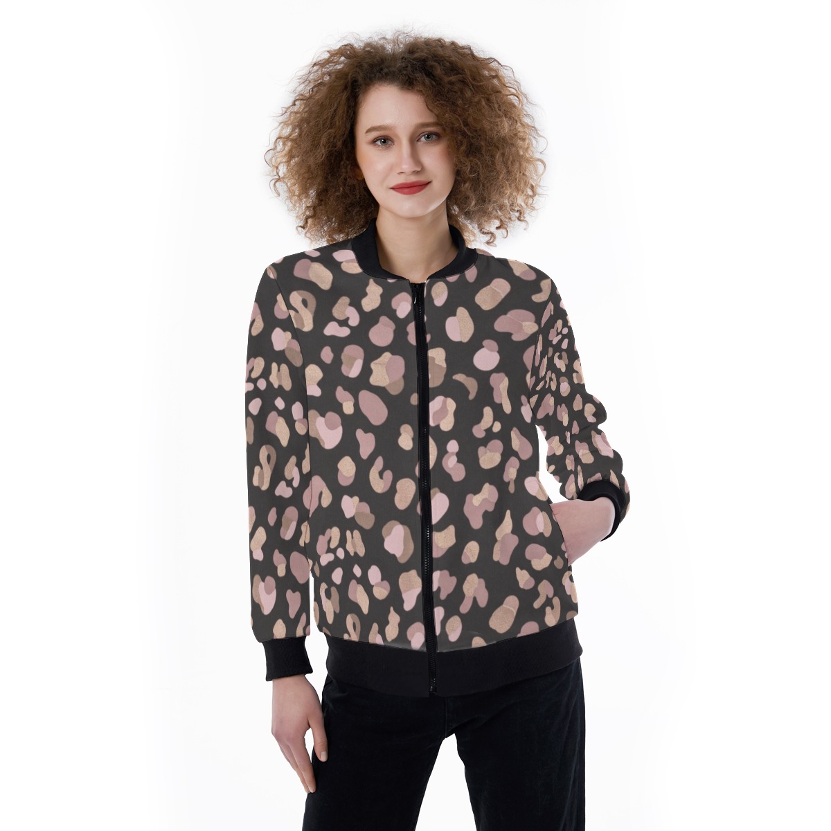 All-Over Print Women's Ribbed Stand-up Collar Jacket (PB2PH)