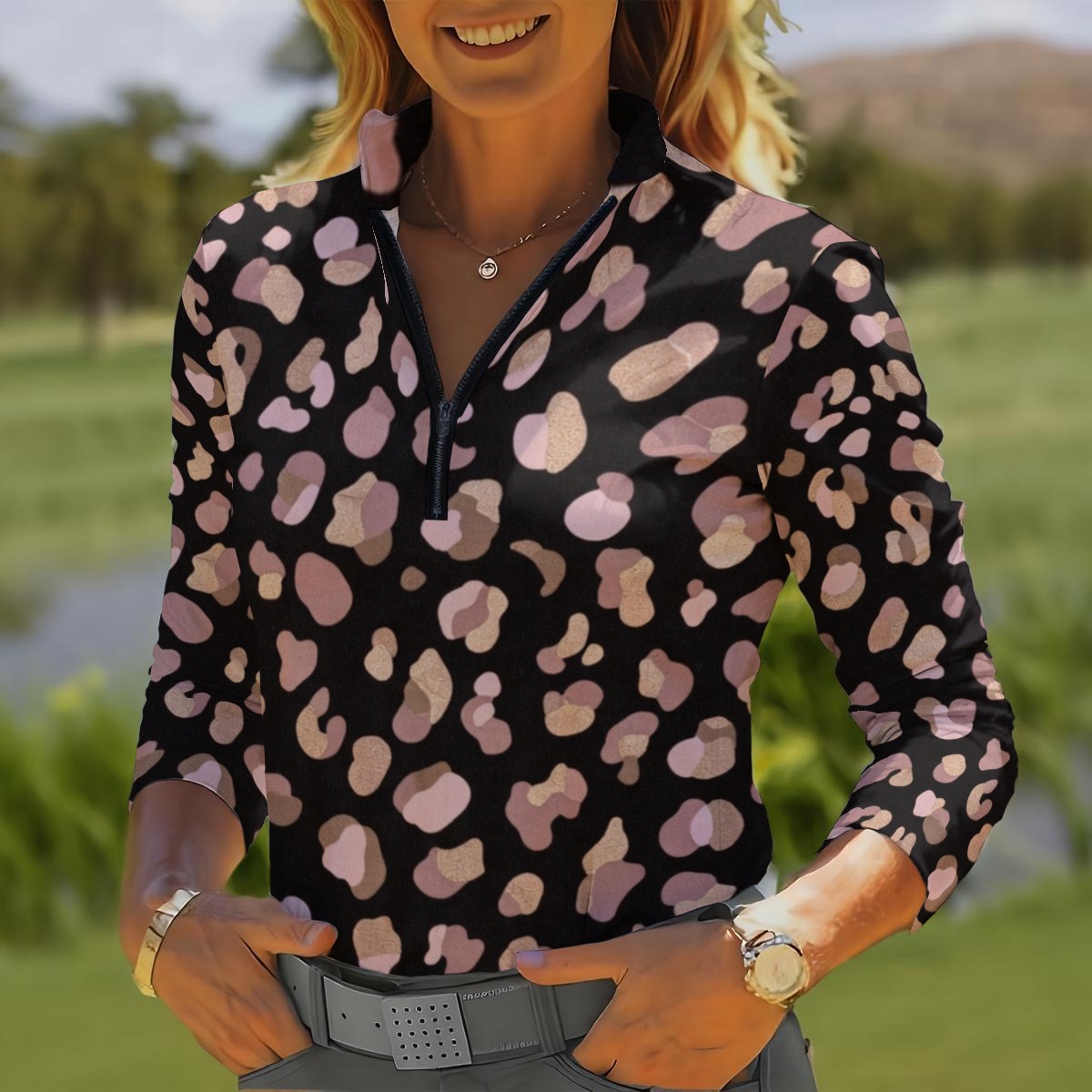 All-Over Print Women's Quarter Zip Sport Shirt With  Long Sleeve (PB2M9)