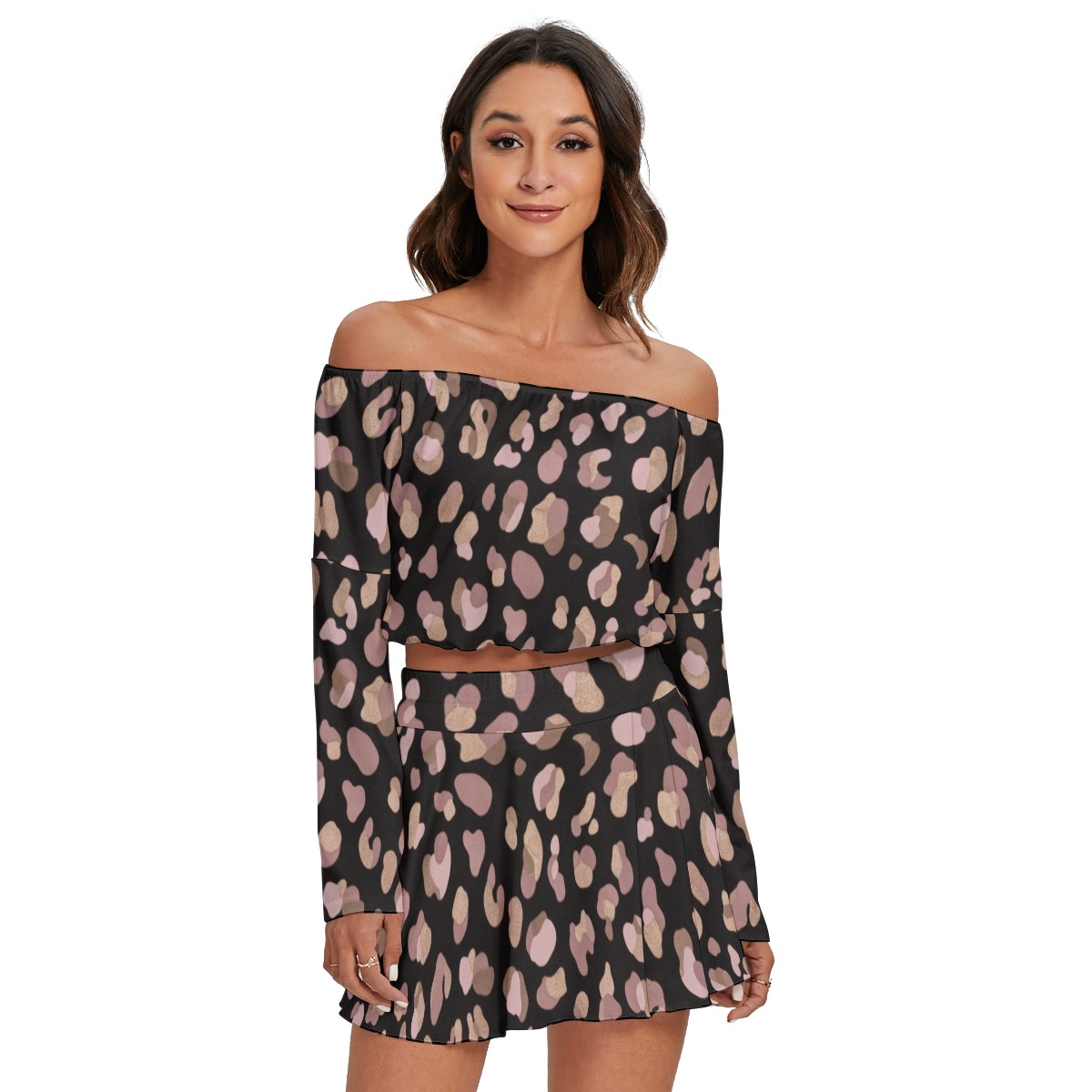All-Over Print Women's Off-shoulder Top And Skirt Set (PB2T5)