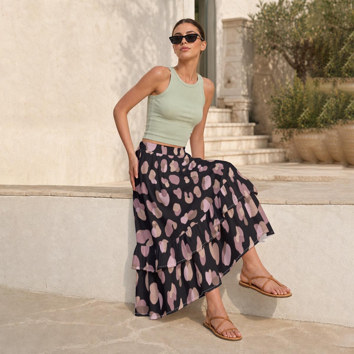 All-Over Print Women's Patchwork Ruffle Skirt (PB2PK)