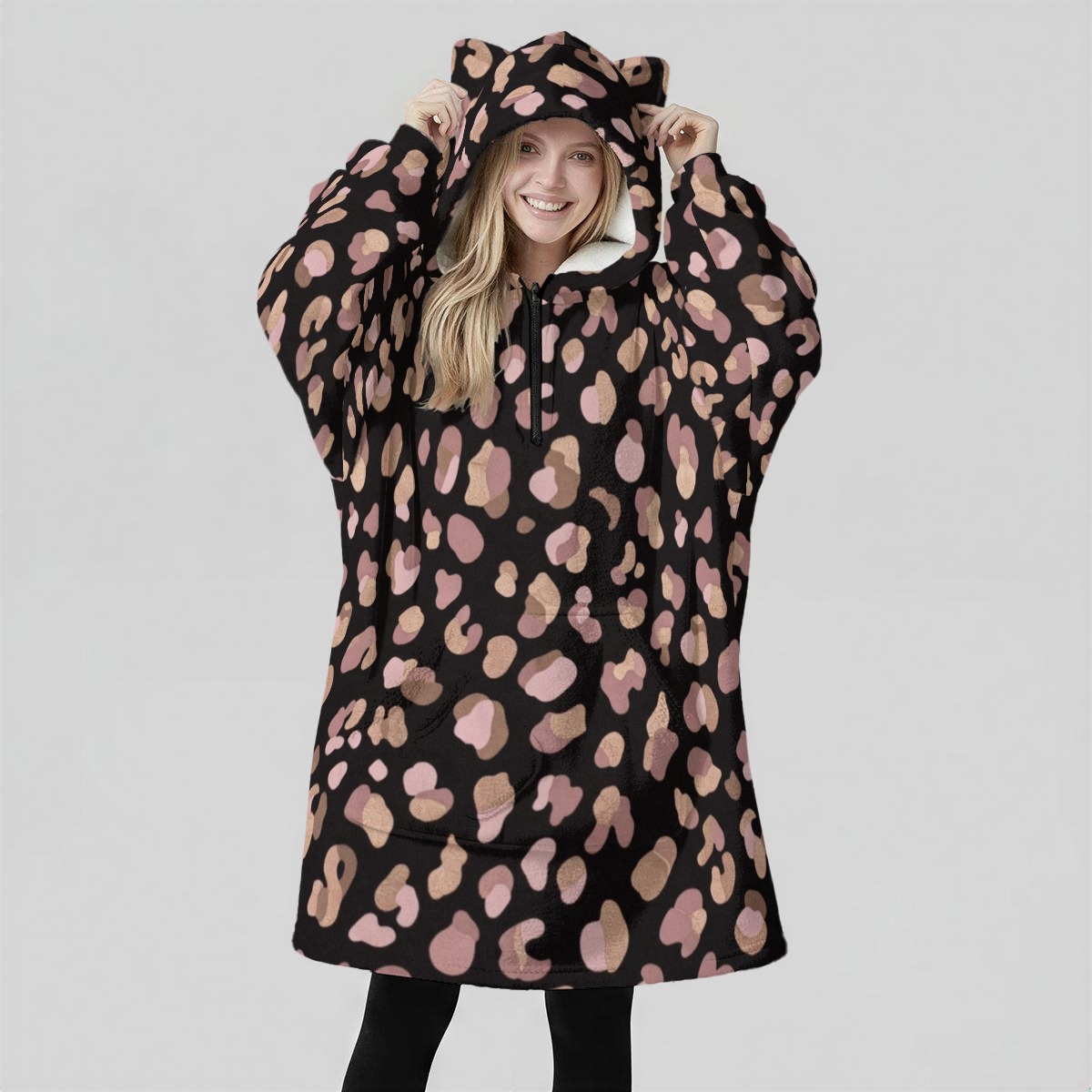 All-Over Print Women's Fleece Oversized Hoodie Blanket With Decorative Ears (PB2P3)