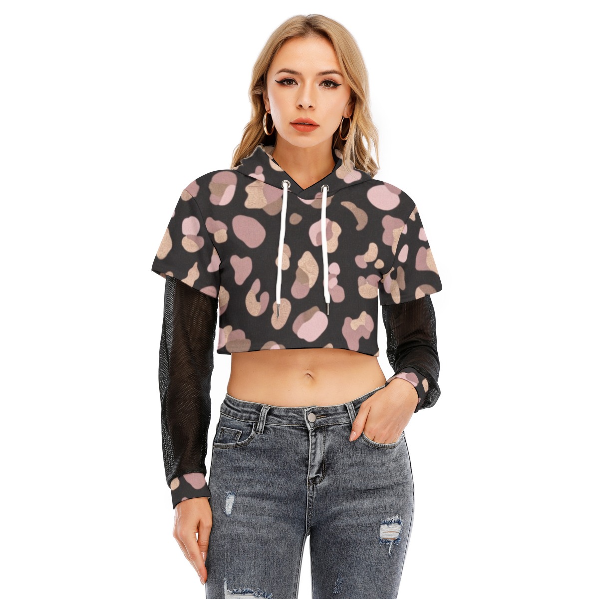 All-Over Print Women's Fake Two-piece Mesh Sleeve Cropped Hoodie (PB2KY)