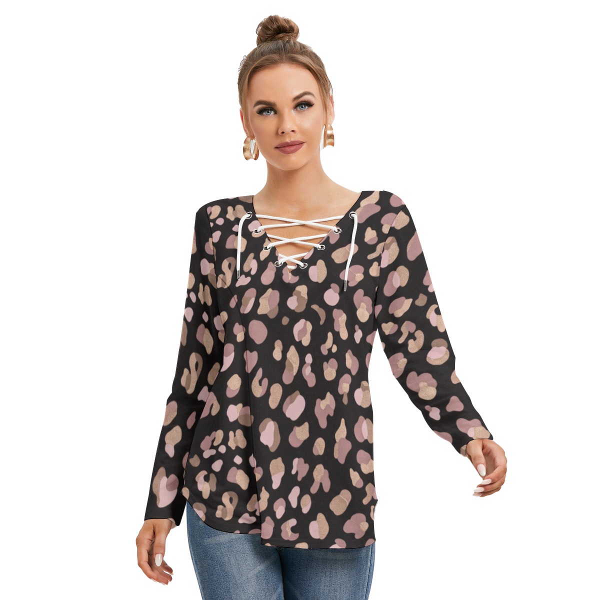 All-Over Print Women's Long Sleeve Neckline Tie Sweatshirt (PB2LE)