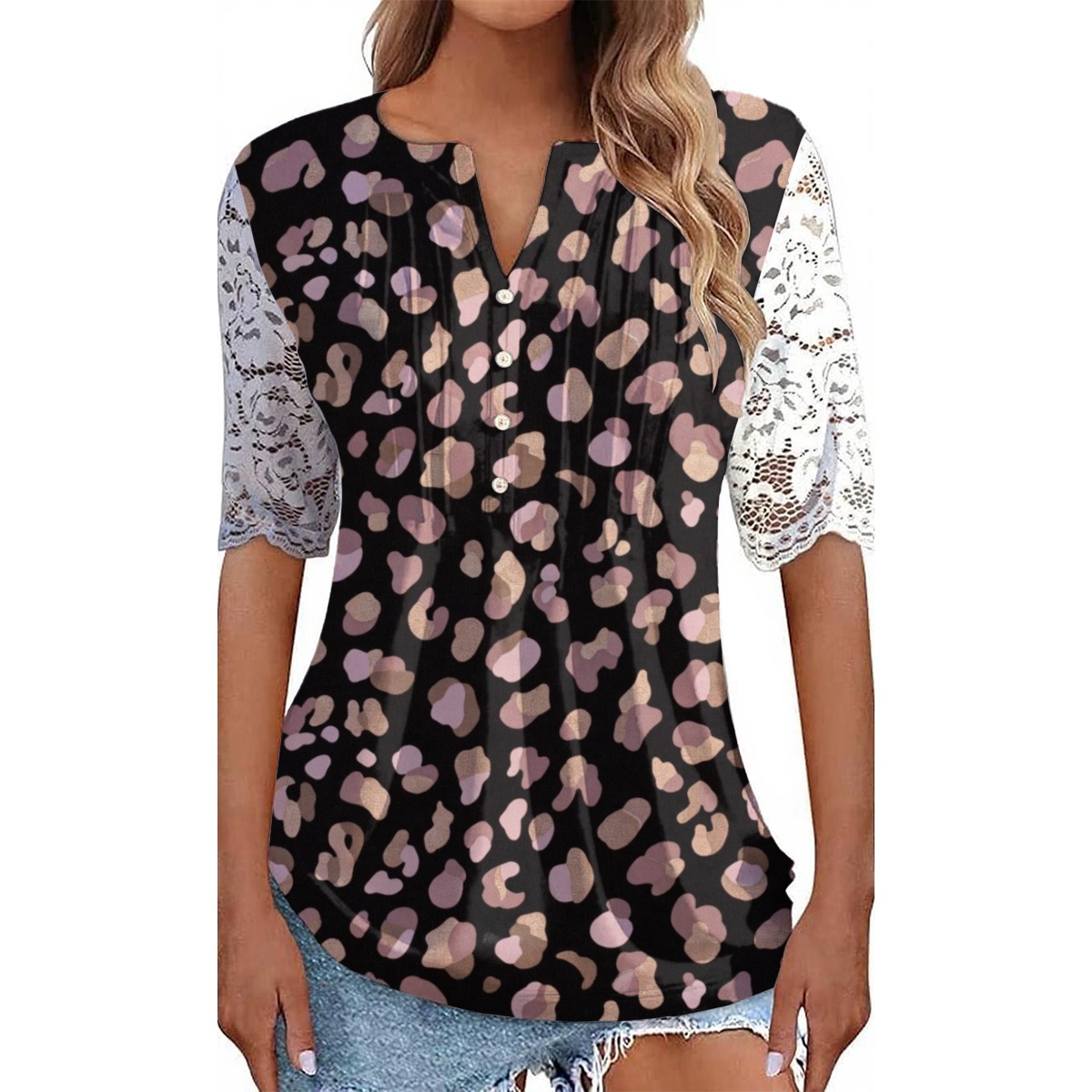 All-Over Print Women's Lace Sleeve Shirt (PB2MM)