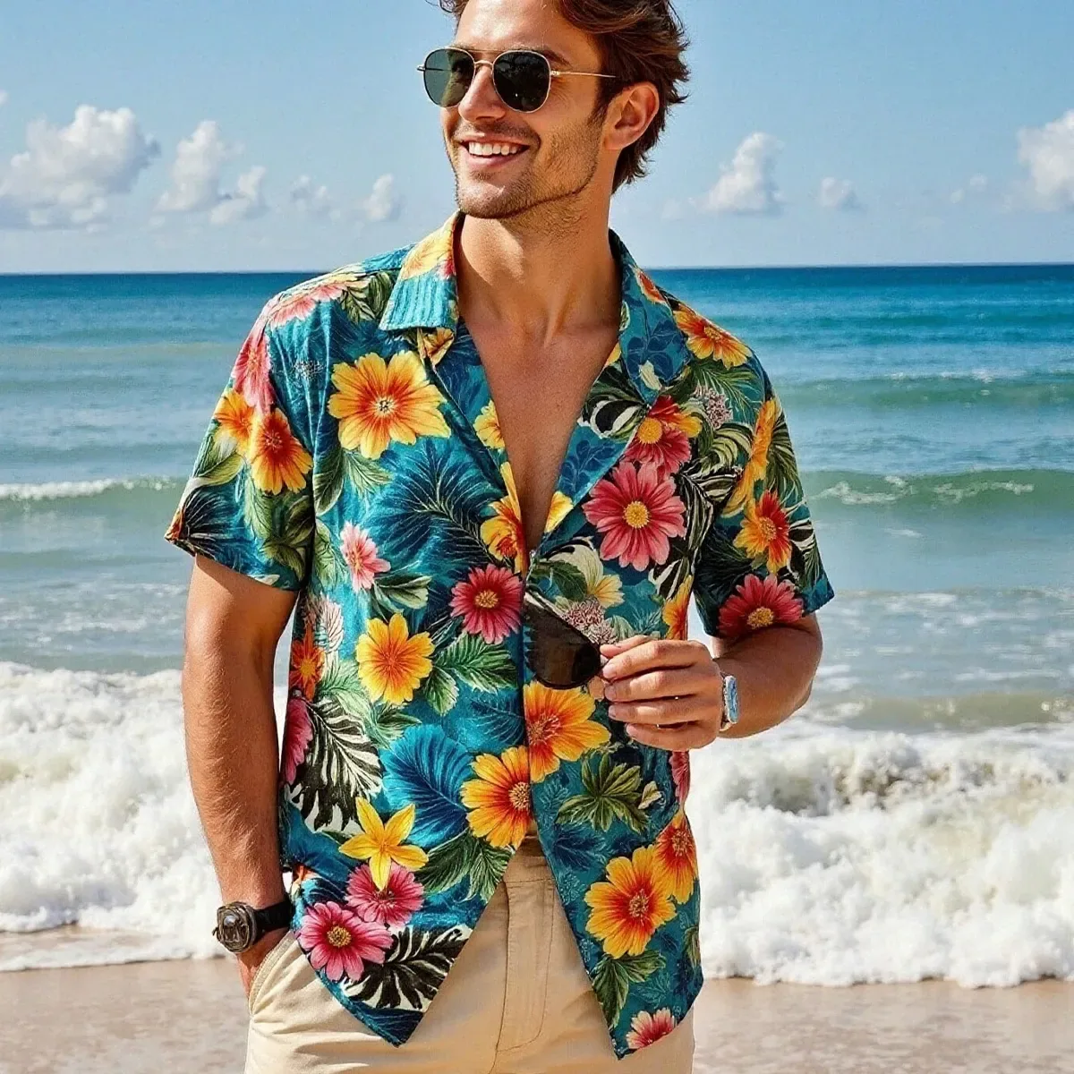 All-Over Print Men's Hawaiian Shirt With Button Closure