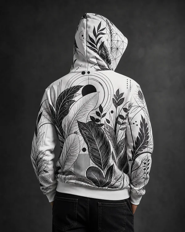Model wearing a seam-to-seam all-over print hoodie