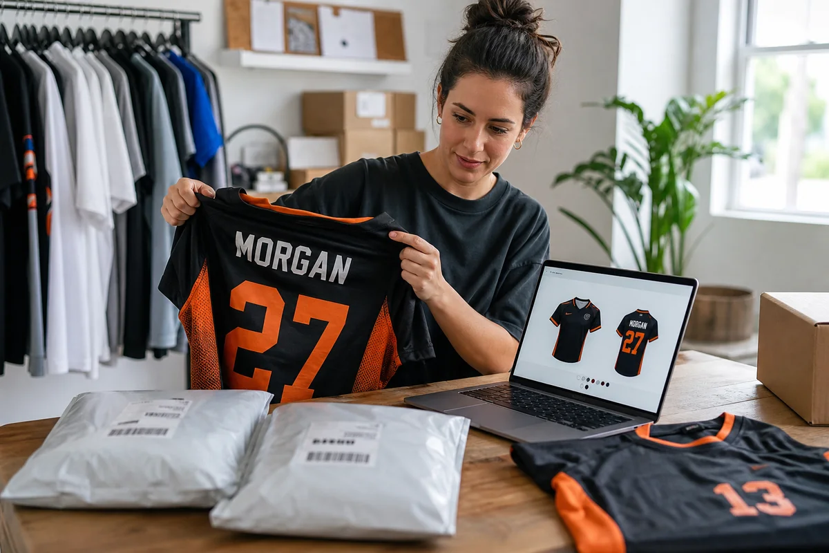 Independent sportswear brand wearing or reviewing personalized jerseys
