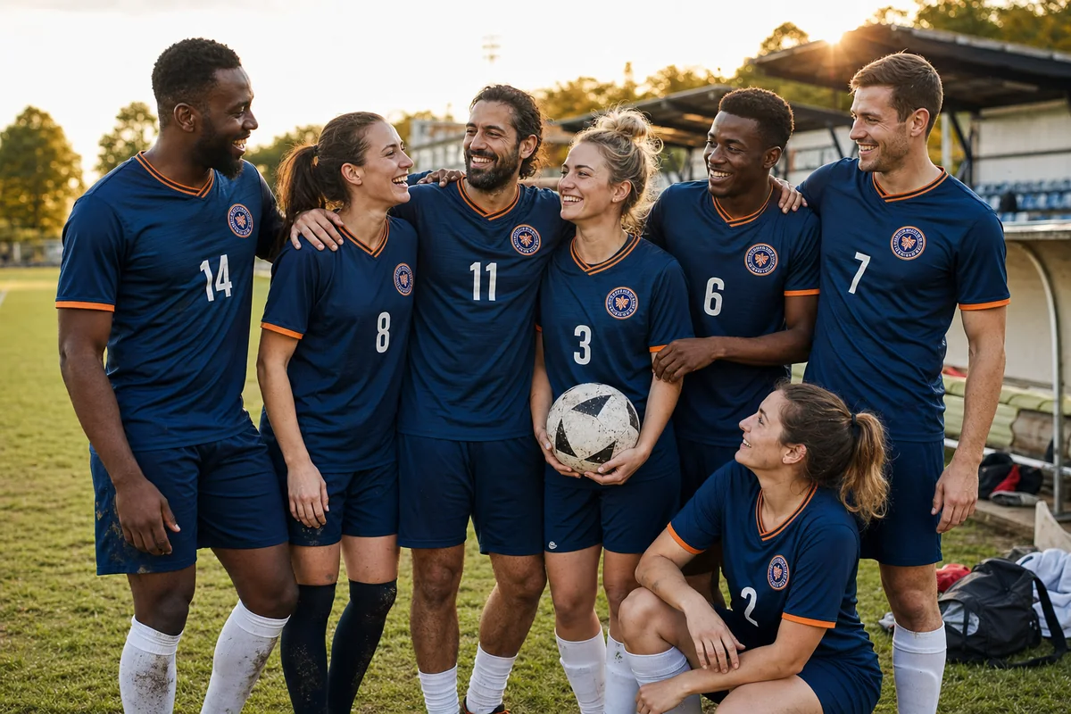 Community football club wearing or reviewing personalized jerseys