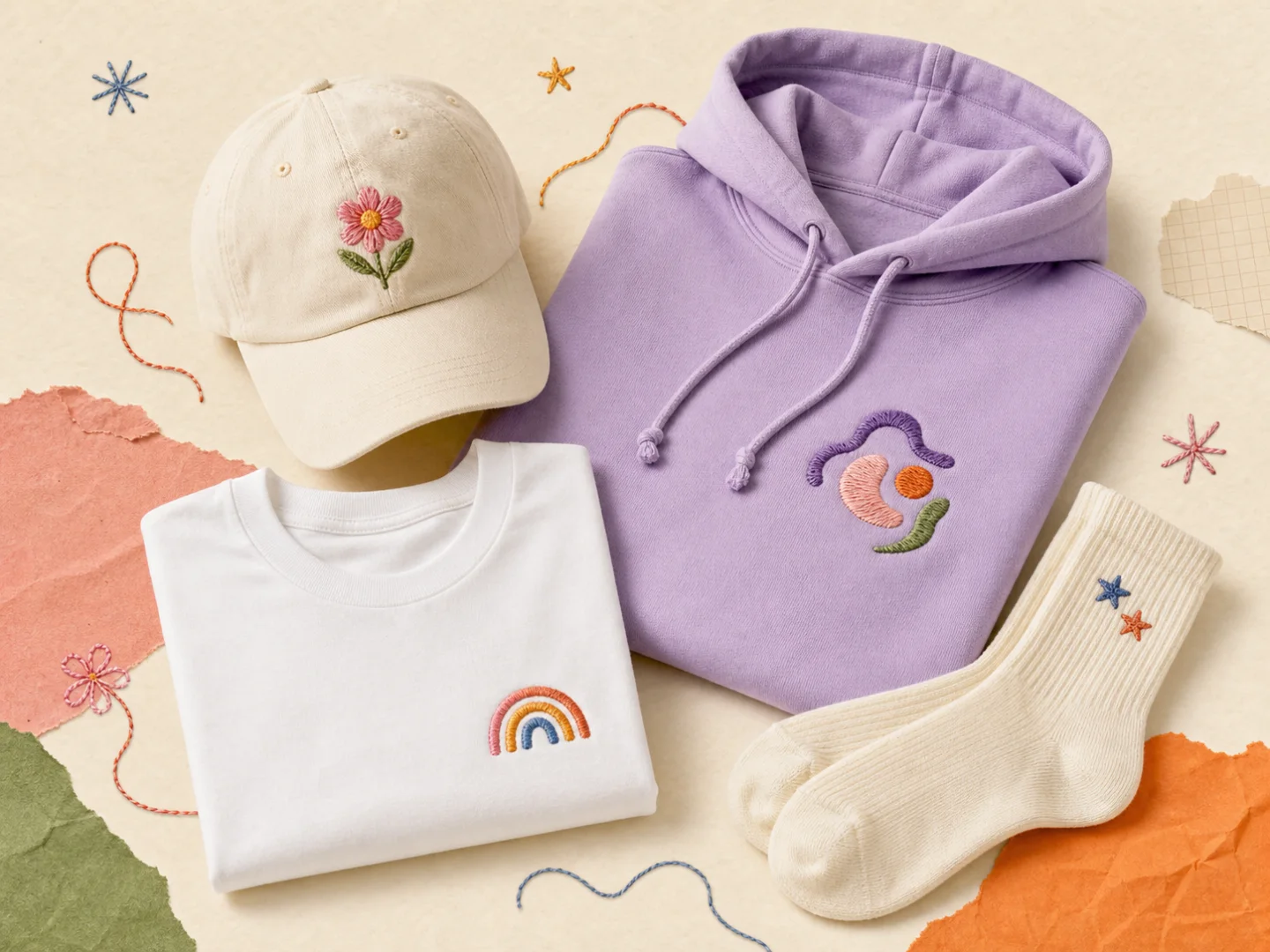 Embroidered cap, hoodie, shirt, and socks arranged on a warm craft-inspired background