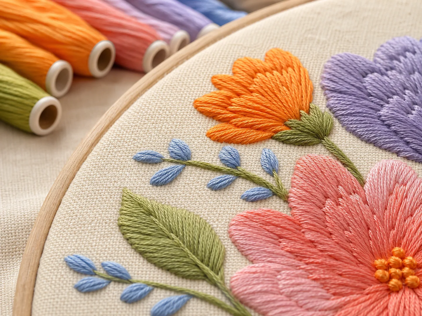 Macro view of colorful embroidery thread and a stitched floral motif