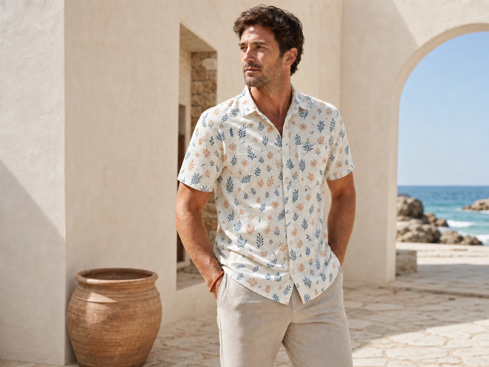 Model wearing a lightweight all-over print slub cotton shirt in a coastal setting