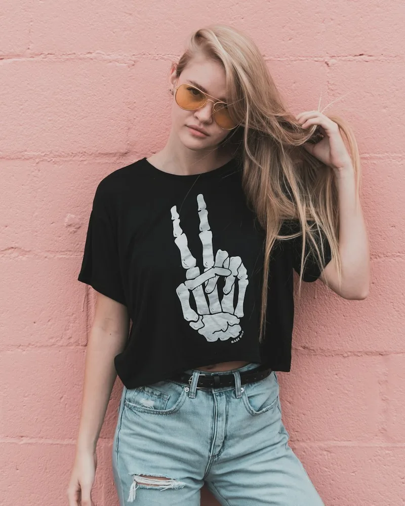 Model wearing custom apparel for an online store