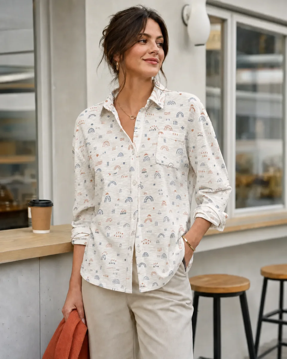 Woman styling a geometric all-over print slub cotton shirt for an everyday casual collection
