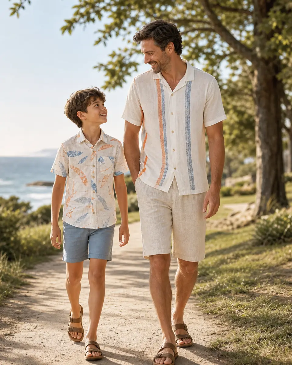 Adult and child wearing coordinated warm-weather textured cotton shirts