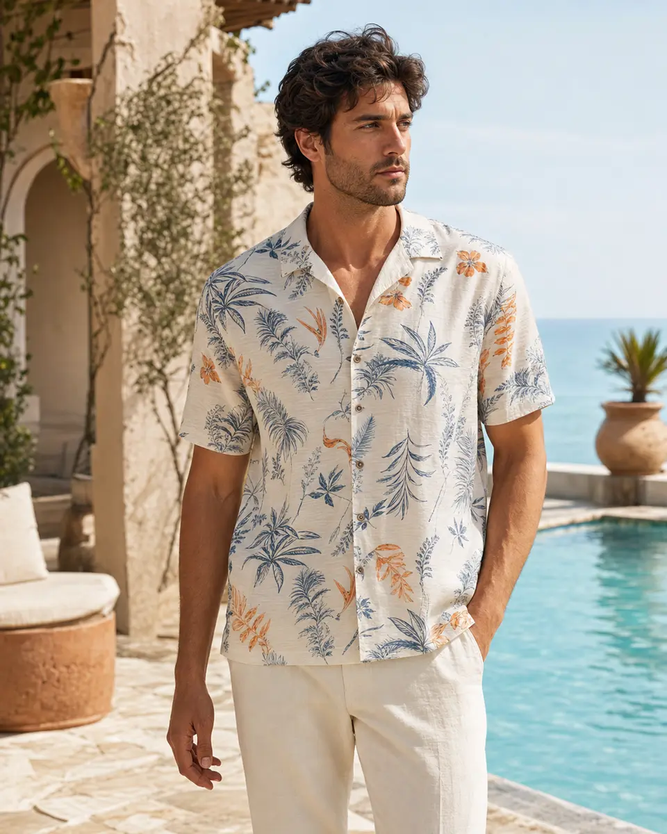Model wearing a lightweight patterned shirt in a warm-weather resort setting