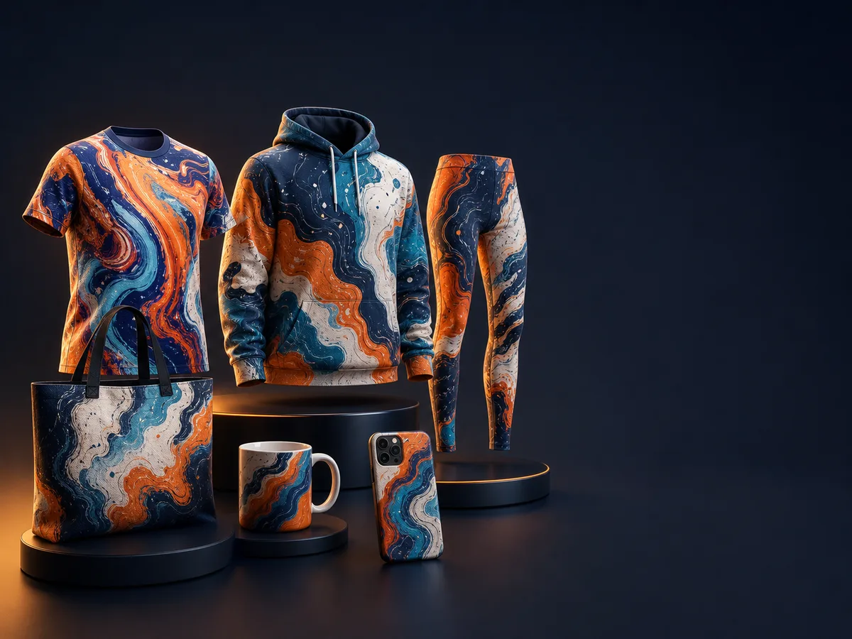 All-over-print apparel, bags, mugs, and accessories used for POD platform comparison