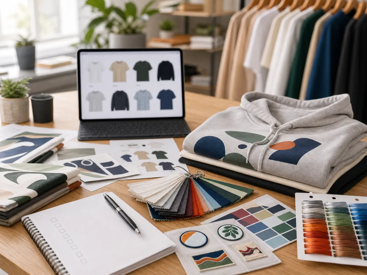 Online seller preparing custom clothing products on a laptop