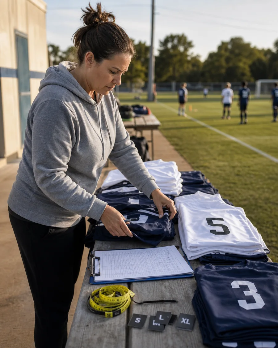 Team coordinator organizing numbered jerseys and player sizes